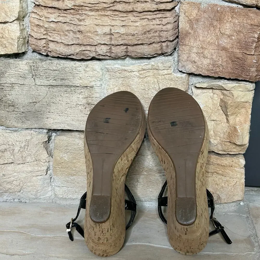 Vaneli Emalee Black Patent Ankle Strap Cork Wedge Peep Toe Sandals Sz 8 - Picture 9 of 11